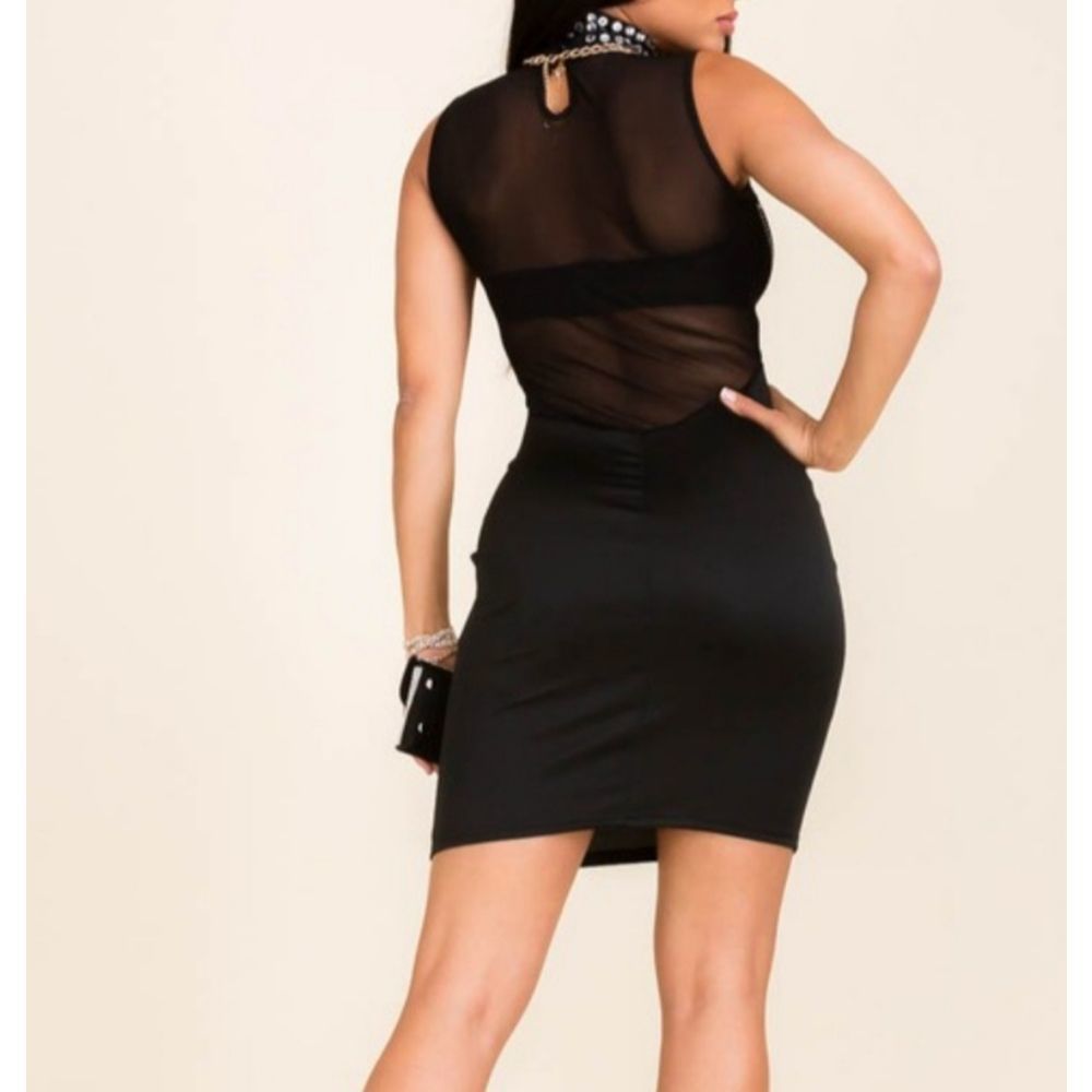 Women's Black High Neck Rhinestone on Mesh Mini Dress - Picture 2 of 2